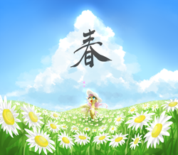 Size: 1098x956 | Tagged: safe, artist:mlpanon, fluttershy, butterfly, pegasus, pony, chinese, female, flower, flower field, hat, kanji, looking at something, looking up, mare, open mouth, outdoors, raised hoof, sky, smiling, solo, spread wings, spring, standing, sun hat, wings