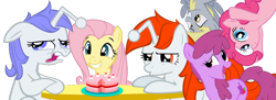 Size: 900x327 | Tagged: safe, artist:scotch208, berry punch, berryshine, derpy hooves, fluttershy, pinkie pie, oc, oc:discentia, oc:karma, earth pony, pegasus, pony, unicorn, cake, cutie mark, duo, female, food, mare, ponified, reddit, simple background, sitting, squee, table, transparent background, ugh, upside down, vector