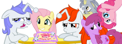 Size: 900x327 | Tagged: safe, artist:scotch208, edit, berry punch, berryshine, derpy hooves, fluttershy, pinkie pie, oc, oc:discentia, oc:karma, earth pony, pegasus, pony, unicorn, birthday cake, cake, cutie mark, duo, female, food, mare, ponified, reddit, simple background, sitting, squee, table, transparent background, ugh, upside down, vector