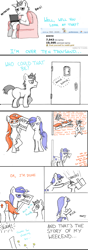 Size: 640x1812 | Tagged: safe, artist:zzxno, derpy hooves, oc, oc:discentia, oc:karma, pony, unicorn, blank flank, chair, comic, cutie mark, door, downvote, female, mare, milestone, ponified, reddit, sign, slapstick, text, upvote