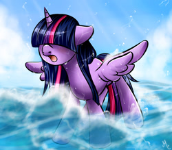 Size: 1200x1050 | Tagged: safe, artist:princesssilverglow, derpibooru import, twilight sparkle, twilight sparkle (alicorn), alicorn, pony, bangs, blushing, female, floppy ears, hair over eyes, hidden eyes, mare, ocean, open mouth, solo, spread wings, wave, wet mane