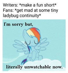 Size: 1069x1140 | Tagged: safe, derpibooru import, edit, edited screencap, editor:apex soundwave, screencap, rainbow dash, pegasus, pony, starlight the hypnotist, spoiler:interseason shorts, caption, cloud, female, i'm sorry, image macro, literally, mare, solo, text