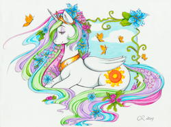 Size: 1627x1204 | Tagged: safe, artist:flower nymph, artist:longinius, princess celestia, alicorn, butterfly, pony, abstract background, crown, cutie mark, eyeshadow, female, flower, flower in hair, jewelry, makeup, mare, marker drawing, regalia, solo, traditional art, vine