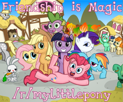 Size: 619x516 | Tagged: safe, artist:leidenpierce, angel bunny, applejack, bon bon, carrot top, derpy hooves, doctor whooves, fluttershy, golden harvest, lyra heartstrings, pinkie pie, rainbow dash, rarity, spike, sweetie drops, tank, twilight sparkle, dragon, earth pony, pegasus, pony, unicorn, advertisement, carrot, food, mane seven, mane six, ponyville, reddit