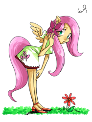 Size: 600x800 | Tagged: safe, artist:cofotory, fluttershy, equestria girls, clothes, dress, eared humanization, flower, humanized, ponied up, simple background, solo, tailed humanization, white background, winged humanization