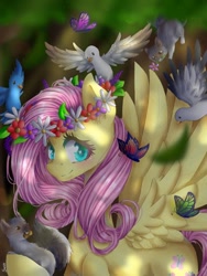 Size: 540x720 | Tagged: safe, artist:iponylover, fluttershy, bird, pegasus, pony, floral head wreath, solo