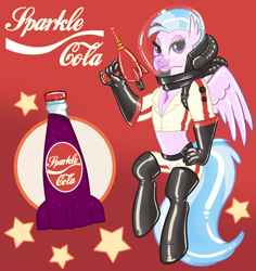 Size: 976x1035 | Tagged: safe, artist:hornbuckle, silverstream, anthro, hippogriff, unguligrade anthro, fallout equestria, advertisement, bedroom eyes, bottle, clothes, commission, crossover, fallout, female, gloves, jewelry, latex, necklace, nuka cola, nuka girl, ray gun, rubber, smiling, socks, solo, space helmet, sparkle cola, thigh highs, weapon