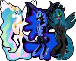 Size: 571x464 | Tagged: safe, artist:bright ink, nightmare moon, princess celestia, queen chrysalis, alicorn, changeling, changeling queen, pony, crown, female, horn, jewelry, mare, regalia, siblings, sisters