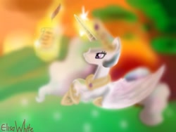 Size: 1024x768 | Tagged: safe, artist:elisawhite, princess celestia, alicorn, pony, magic, parchment, quill, solo