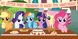 Size: 1389x694 | Tagged: safe, artist:age3rcm, derpibooru import, applejack, fluttershy, pinkie pie, rainbow dash, rarity, twilight sparkle, earth pony, pegasus, pony, unicorn, animated, apple fritter (food), bedroom eyes, blinking, c:, cake, cupcake, cute, female, grin, happy birthday mlp:fim, hat, head tilt, leaning, looking at you, mane six, mare, mlp fim's fifth anniversary, one eye closed, open mouth, sandwich, show accurate, smiling, wink