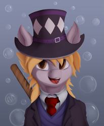 Size: 1173x1430 | Tagged: safe, artist:batsdisaster, derpy hooves, earth pony, pony, bubble, clothes, crossover, hat, jojo's bizarre adventure, necktie, ponified, robert eo speedwagon, scar, smiling, solo, speedwagon, suit, top hat