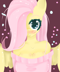 Size: 5000x6000 | Tagged: safe, artist:fladdykin, fluttershy, anthro, big breasts, blushing, breasts, cleavage, clothes, female, hair over one eye, looking at you, off shoulder, solo, sweater, sweatershy, wingding eyes