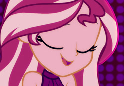 Size: 1565x1080 | Tagged: safe, screencap, sunset shimmer, better together, equestria girls, i'm on a yacht, beautiful, close-up, cute, eyes closed, female, neon eg logo, shimmerbetes, sleeveless, smiling, solo