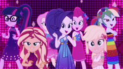 Size: 1920x1080 | Tagged: safe, screencap, applejack, fluttershy, pinkie pie, rainbow dash, rarity, sci-twi, sunset shimmer, twilight sparkle, better together, equestria girls, i'm on a yacht, clothes, dress, geode of sugar bombs, geode of super strength, geode of telekinesis, humane five, humane seven, humane six, looking at you, magical geodes, neon eg logo, sleeveless