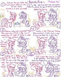 Size: 4779x6013 | Tagged: safe, artist:adorkabletwilightandfriends, roseluck, starlight glimmer, earth pony, pony, unicorn, comic:adorkable twilight and friends, adorkable, adorkable friends, advice, awkward, butt nugget, comic, cute, dating advice, dork, fake, finding love, food, friendship, happy, humor, love, pity, relationships, roseluck the shipper, sipping, sitting, sofa, tea, upset