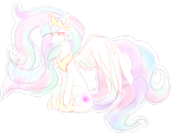 Size: 1310x1014 | Tagged: safe, artist:london13ridges, princess celestia, alicorn, pony, female, mare, sad, simple background, sitting, sketchy, solo, spread wings, transparent background