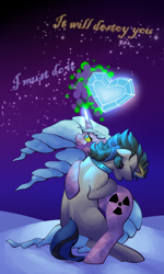 Size: 600x1000 | Tagged: safe, artist:twitchygears, derpibooru import, idw, king sombra, radiant hope, unicorn, alternate cutie mark, alternate universe, crying, crystal heart, dark magic, female, glowing eyes, glowing horns, good king sombra, hopebra, horn, magic, male, mare, miss despair, neck band, neck ring, quote, radiant despair, shipping, snow, sombra eyes, stars, straight, wavy hair, wavy mane, wavy tail