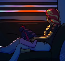 Size: 1061x990 | Tagged: safe, artist:overkenzie, sci-twi, sunset shimmer, twilight sparkle, equestria girls, clothes, cute, female, lesbian, pajamas, scitwishimmer, shipping, sleeping, sofa, sunset, sunsetsparkle, window