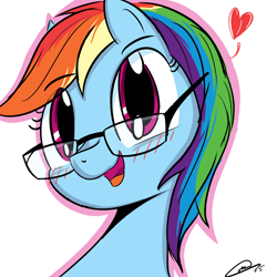 Size: 2500x2500 | Tagged: safe, artist:majorleaguepony, derpibooru import, rainbow dash, pegasus, pony, adorkable, blushing, bust, cute, dashabetes, dork, glasses, heart, looking at you, open mouth, portrait, smiling, solo