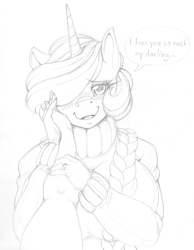 Size: 1889x2439 | Tagged: safe, artist:longinius, princess celestia, alicorn, anthro, human, alternate hairstyle, blushing, clothes, cute, cutelestia, female, looking at you, male, offscreen character, pov, ring, short hair, sketch, sweater, talking to viewer, traditional art