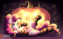 Size: 3888x2423 | Tagged: safe, artist:airiniblock, part of a set, pinkie pie, earth pony, pony, chest fluff, clothes, featureless crotch, female, halloween, holiday, jack-o-lantern, mare, on back, patreon, patreon logo, pumpkin, rcf community, smiling, socks, solo, stockings, striped socks, thigh highs