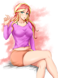 Size: 768x1024 | Tagged: safe, artist:タツオ, sunset shimmer, equestria girls, belly button, bra strap, broken finger, clothes, crossed legs, female, human coloration, legs, looking at you, midriff, short shirt, skirt, solo, thighs