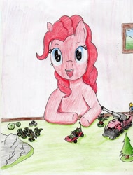 Size: 2428x3194 | Tagged: safe, artist:40kponyguy, derpibooru exclusive, pinkie pie, earth pony, pony, dice, figurine, gaming miniature, looking at you, miniature, ork, solo, traditional art, warhammer (game), warhammer 40k