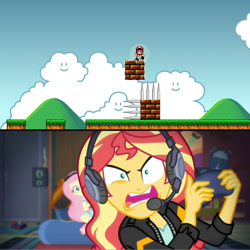 Size: 1920x1922 | Tagged: safe, edit, screencap, fluttershy, sunset shimmer, better together, equestria girls, game stream, controller, crossover, death, headphones, mario, nintendo, screaming, spikes, sunset shimmer frustrated at game, super mario bros., unfair mario