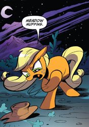 Size: 587x839 | Tagged: safe, artist:andypriceart, idw, applejack, earth pony, pony, spoiler:comic, spoiler:comic25, angry, applejack's hat, cropped, earth pony safe, female, g rated profanity, hat, mare, meadow muffins, minced oath, official comic, speech bubble, swearing