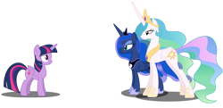 Size: 3000x1450 | Tagged: safe, artist:spellboundcanvas, princess celestia, princess luna, twilight sparkle, twilight sparkle (alicorn), alicorn, pony, gauntlet of fire, simple background, transparent background, vector