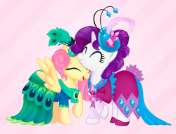 Size: 1280x980 | Tagged: safe, artist:imoshie, fluttershy, rarity, pegasus, pony, unicorn, make new friends but keep discord, alternate hairstyle, clothes, dress, duo, female, flarity, gala dress, happy, lesbian, nuzzling, peacock feathers, shipping, smiling