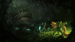 Size: 3840x2160 | Tagged: safe, artist:assasinmonkey, applejack, alicorn, pony, alicornified, apple tree, applecorn, armor, awesome, black vine, carnivorous plant, detailed, earth pony magic, element of honesty, elements of harmony, epic, everfree forest, fight, final fantasy, hammer, leaf wings, malboro, monster, race swap, scenery, scenery porn, wallpaper, war hammer, weapon