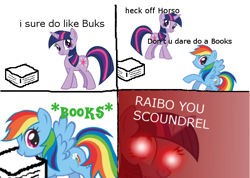 Size: 640x456 | Tagged: safe, derpibooru import, rainbow dash, twilight sparkle, unicorn twilight, pegasus, pony, unicorn, angry, book, dank memes, descriptive noise, duo, female, glowing eyes, glowing eyes meme, heck, intentional spelling error, mare, meme, misspelling, open mouth, raised hoof, simple background, smiling, stock vector, stylistic suck, text, that pony sure does love books, wat, white background