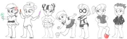 Size: 1321x406 | Tagged: safe, artist:gamerpen, cloudy kicks, derpy hooves, flash sentry, majorette, nurse redheart, photo finish, roseluck, equestria girls, babies, baby, ball, diaper, flower, food, implied age regression, monochrome, muffin, onesie, syringe, tongue depressor, traditional art, younger