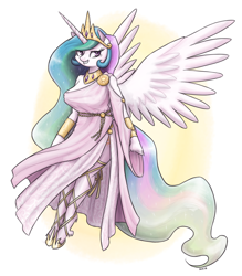 Size: 1280x1462 | Tagged: safe, artist:king-kakapo, part of a set, princess celestia, alicorn, anthro, unguligrade anthro, arm hooves, breasts, clothes, cloven hooves, dress, female, hoof hands, lidded eyes, looking at you, princess breastia, sandals, smiling, solo, spread wings, unshorn fetlocks