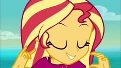 Size: 2048x1148 | Tagged: safe, sunset shimmer, better together, equestria girls, i'm on a yacht, close-up, cute, eyes closed, female, shimmerbetes, smiling, solo