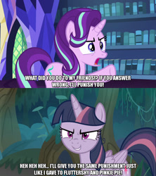 Size: 1280x1440 | Tagged: safe, edit, edited screencap, editor:jaredking203, screencap, mean twilight sparkle, starlight glimmer, alicorn, pony, unicorn, every little thing she does, the mean 6, caption, clone, duo, female, image macro, mare, meme, text