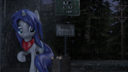 Size: 4000x2250 | Tagged: safe, artist:redaceofspades, rarity, pony, unicorn, 3d, clothes, handkerchief, night, poster, rain, raised hoof, road sign, sad, scarf, sign, solo, source filmmaker, suitcase, telephone pole, tree, wet, wet mane, wet mane rarity