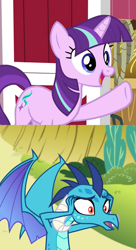 Size: 782x1440 | Tagged: safe, edit, edited screencap, screencap, princess ember, starlight glimmer, dragon, pony, unicorn, harvesting memories, triple threat, spoiler:harvesting memories, spoiler:mlp friendship is forever, alternate hairstyle, color blindness, confused, cropped, dragoness, female, implied twilight sparkle, mare, starlight sparkle