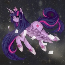 Size: 1000x1000 | Tagged: safe, artist:cherry-parfait, derpibooru import, twilight sparkle, twilight sparkle (alicorn), alicorn, pony, crying, feather, female, flying, immortality blues, jewelry, long mane, mare, smiling, solo, spread wings