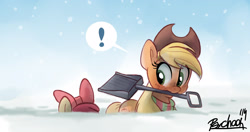 Size: 2635x1392 | Tagged: safe, artist:psychoon, apple bloom, applejack, earth pony, pony, adorabloom, bow, cute, exclamation point, female, filly, hair bow, hat, jackabetes, looking back, mare, mouth hold, shovel, sisters, snow, snow shovel, snowfall, wallpaper, wide eyes