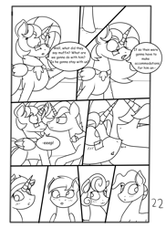 Size: 2904x4000 | Tagged: safe, artist:jamestoneda, carrot top, derpy hooves, golden harvest, mayor mare, minuette, oc, oc:king righteous authority, oc:queen fresh care, alicorn, earth pony, pegasus, pony, unicorn, comic:securing a sentinel, alicorn oc, alicorn princess, armor, blushing, clothes, comic, commissioner:bigonionbean, cute, dawwww, dialogue, female, fusion, fusion:king righteous authority, fusion:queen fresh care, glasses, husband and wife, magic, male, mare, ponyville, random pony, shocked, sketch, sketch dump, stallion, thought bubble, writer:bigonionbean