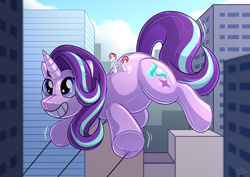 Size: 4093x2894 | Tagged: safe, alternate version, artist:sugaryviolet, starlight glimmer, oc, oc:swift apex, unicorn, absurd resolution, bean mouth, city, cutie mark, digital art, female, inflatable, mare, parade balloon, riding, ropes, smiling