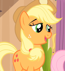 Size: 986x1069 | Tagged: safe, screencap, applejack, fluttershy, earth pony, pegasus, pony, rarity takes manehattan, solo