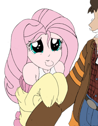 Size: 2552x3277 | Tagged: safe, artist:edcom02, artist:jmkplover, fluttershy, human, clothes, crossover, cute, humanized, logan, off shoulder, pouting, puppy dog eyes, shyabetes, simple background, sweatershy, transparent background, wolverine