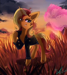 Size: 900x1000 | Tagged: safe, artist:yuris, derpibooru exclusive, sunset shimmer, pony, unicorn, blue eyes, cheek fluff, chest fluff, clothes, ear fluff, grass, grin, hoof fluff, jacket, leather jacket, looking at you, raised leg, smiling, smirk, solo, sunset, wrong eye color