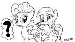 Size: 1200x675 | Tagged: safe, artist:pony-berserker, derpy hooves, pinkie pie, earth pony, pegasus, pony, pony-berserker's twitter sketches, black and white, duo, female, grayscale, i can't believe it's not idw, mare, monochrome, munching, question mark, signature, simple background, sketch, white background