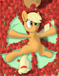 Size: 3239x4107 | Tagged: safe, artist:comradefluffski, applejack, earth pony, pony, apple, belly button, chest fluff, cute, hatless, jackabetes, lying, missing accessory, on back, silly, silly pony, smiling, snow angel, solo, that pony sure does love apples, who's a silly pony