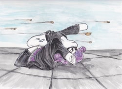 Size: 2325x1701 | Tagged: safe, artist:scribblepwn3, rarity, pony, unicorn, action pose, backbend, boots, bullet dodge, commission, crossover, pistachio nut, solo, the matrix, traditional art, watercolor painting