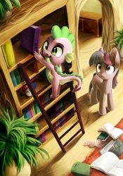 Size: 748x1069 | Tagged: safe, artist:locksto, derpibooru import, spike, twilight sparkle, unicorn twilight, dragon, unicorn, book, golden oaks library, high angle, ladder, messy, observer, working